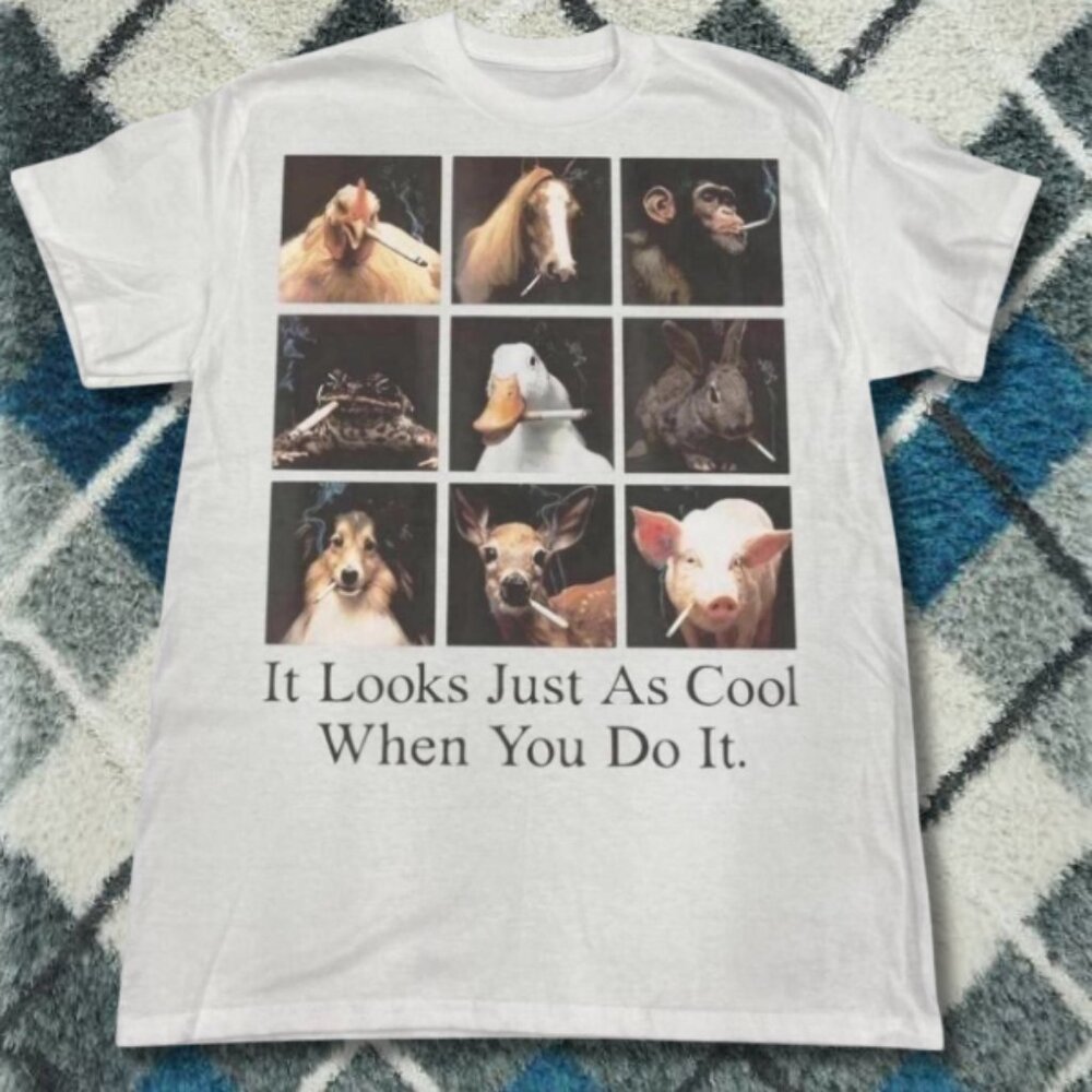 Funny Smoking Animal Meme Graphic Tee White Humor Animal Grid Shirt